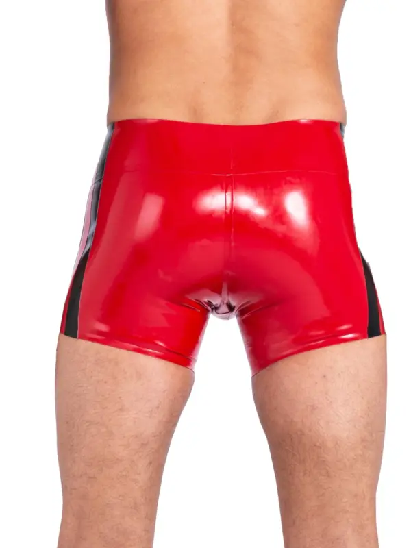 Rear view of red rubber sport shorts men with medium length