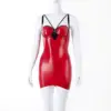 Red and black bondage latex mini dress with underwired cups and strappy neckline front view