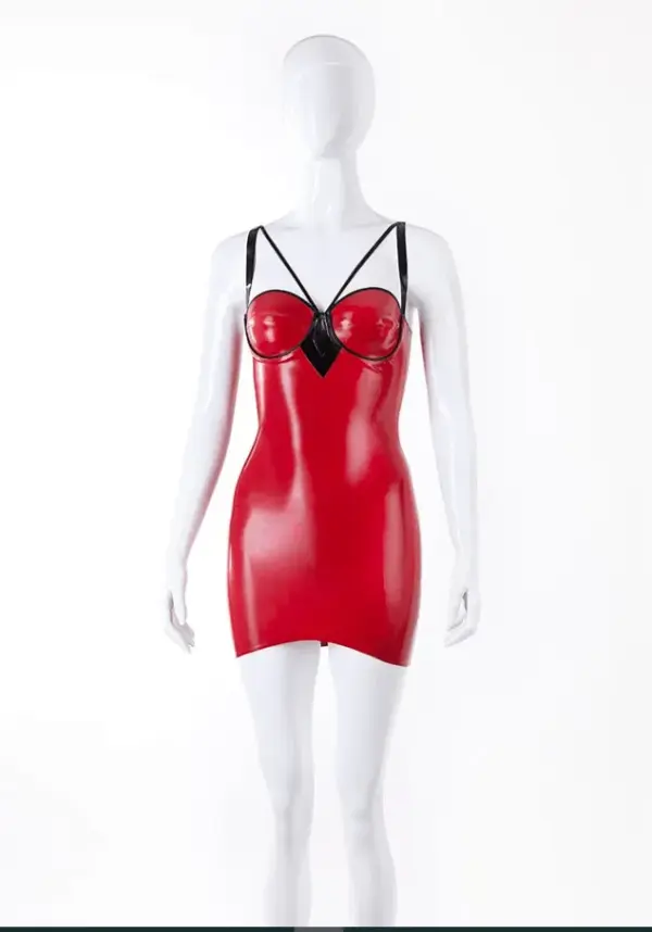 Red and black bondage latex mini dress with underwired cups and strappy neckline front view