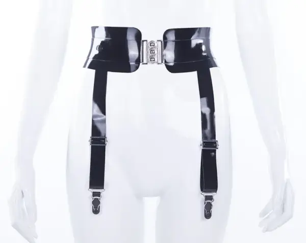 Glossy black Eden latex belt with detachable suspenders and dual clasp front view