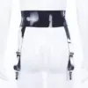 Model wearing rubber cinch belt showing removable garter straps and metallic hardware