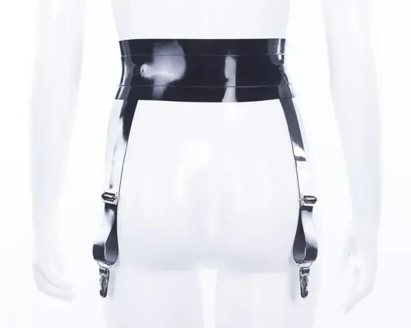 Model wearing rubber cinch belt showing removable garter straps and metallic hardware