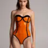 Strapless Latex Bodysuit in transparent orange with black contour piping