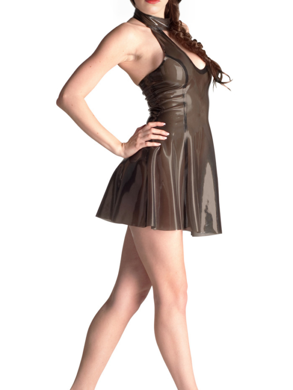 Woman wearing translucent rubber mini dress t-black