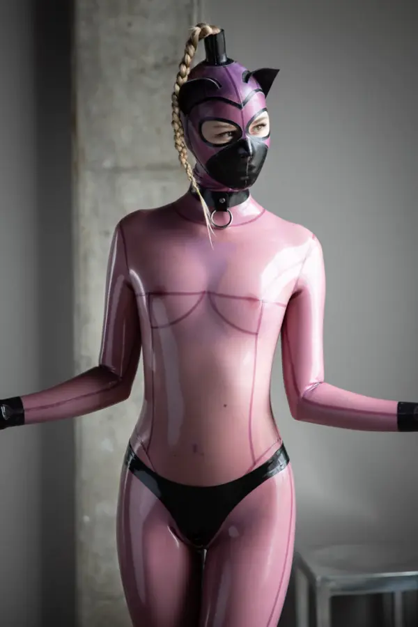 Transparent Pink Latex Catsuit - Cat Hood & Panty Illusion