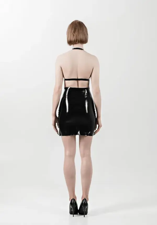 High Waist Black Latex Mini Skirt with Zipper Front