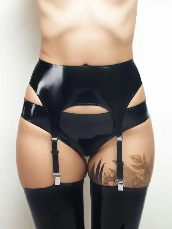 Classic Black Latex Garter Belt with metal clips front view