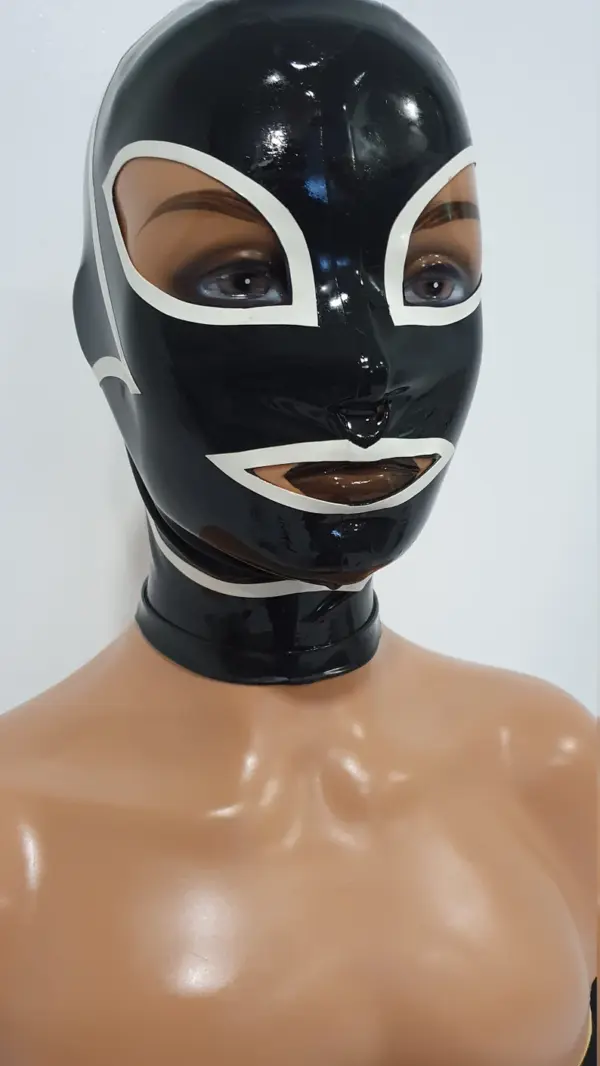 Latex Cat Mask with Teardrop Eyes black and white contrast design front view
