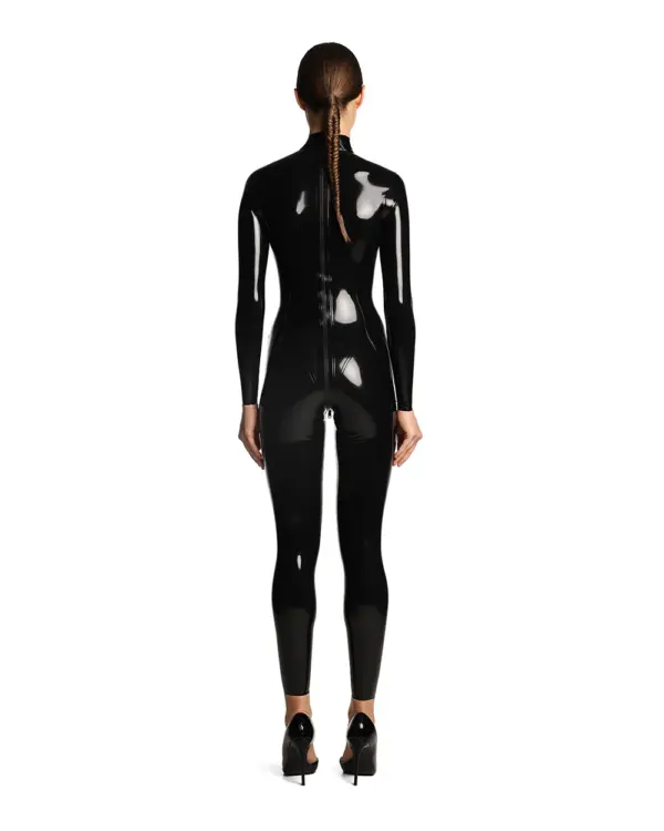 Back view of black Underwired Latex Catsuit showing the long back zipper closure for entry
