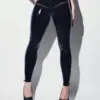 Woman wearing artistic black and grey latex leggings
