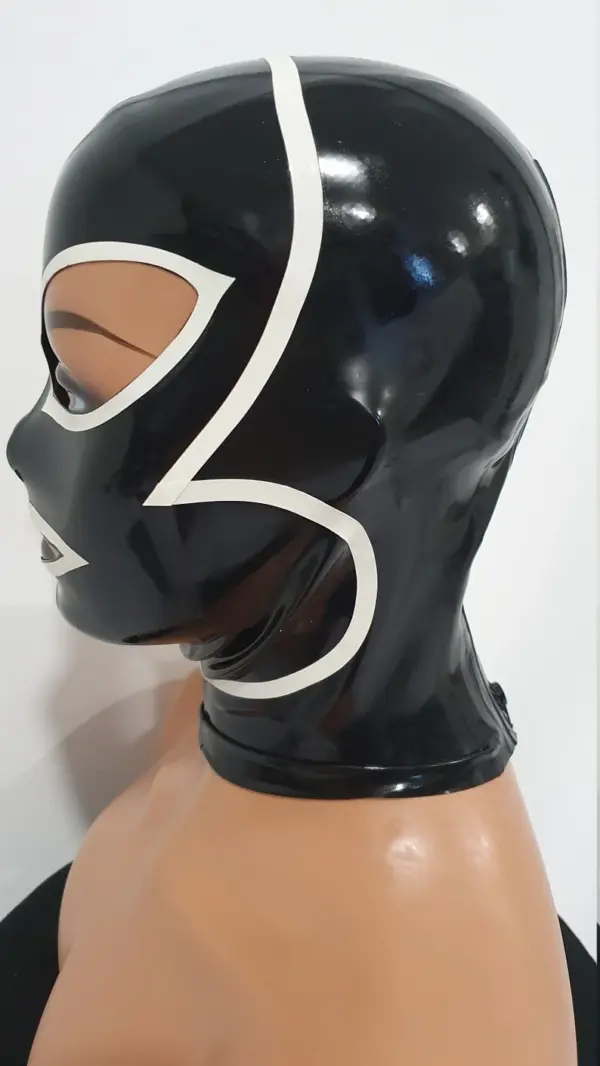 Side view of rubber catwoman hood with white trim and back zipper