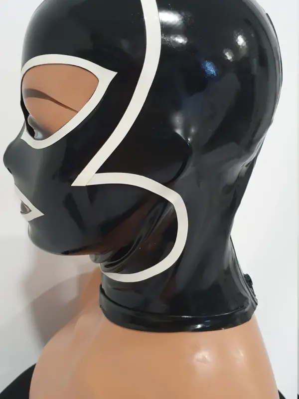 Side view of rubber catwoman hood with white trim and back zipper