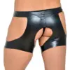 Rear view of open butt latex shorts for men fetish wear