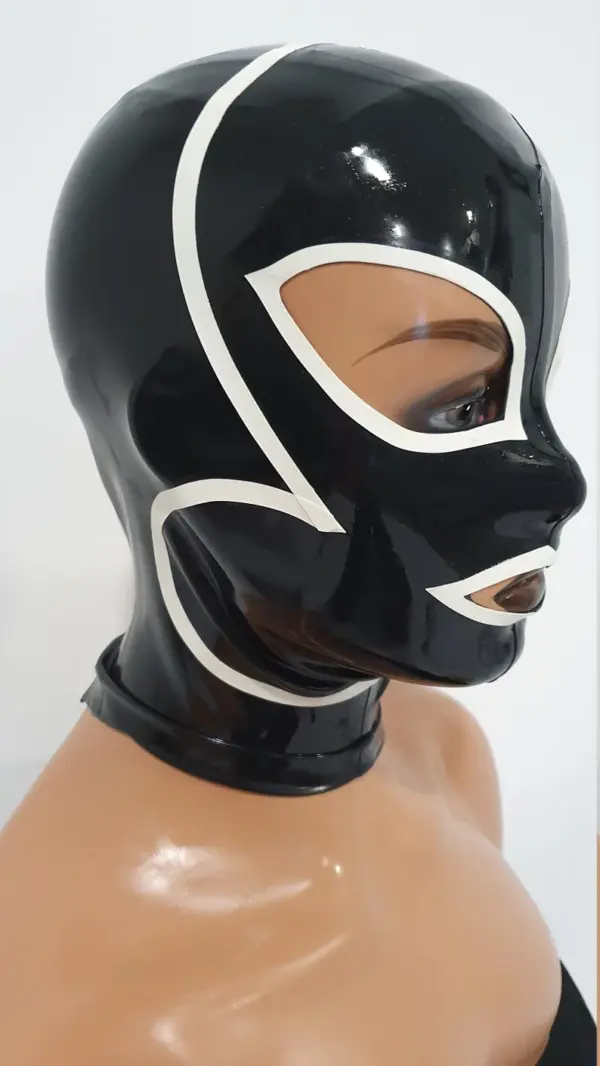 Collage of latex fetish mask showing teardrop eye cutouts