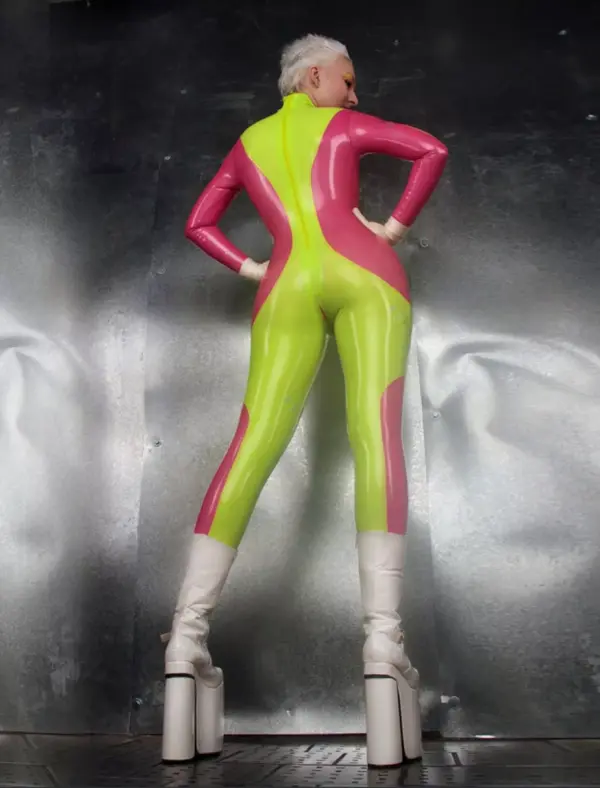 Futuristic Two-Tone Latex Catsuit with Dual Zipper