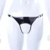 Glossy black open latex thong with silver o-rings adjustable side straps and brocade trim front view