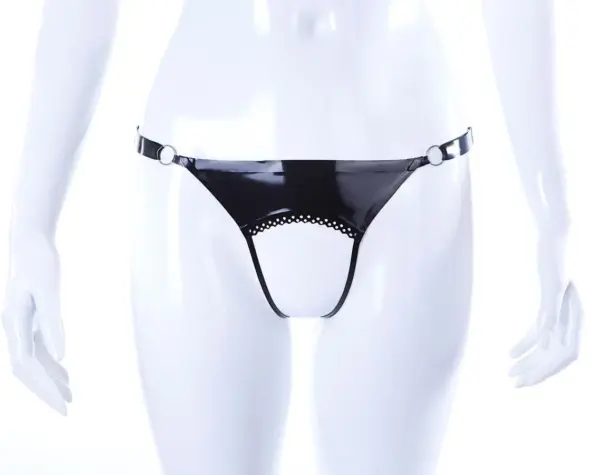Glossy black open latex thong with silver o-rings adjustable side straps and brocade trim front view
