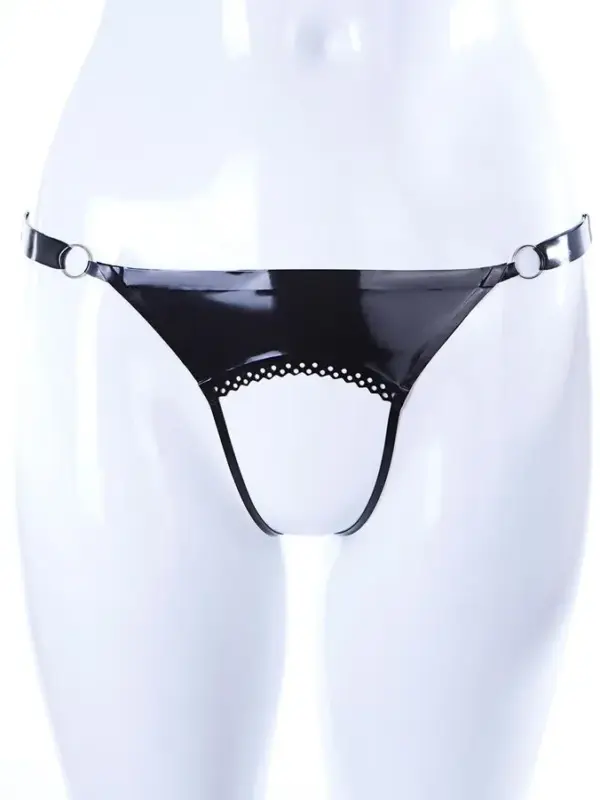Open Latex Thong with Brocade Trim & Adjustable Side Straps – Black with Silver O-Rings