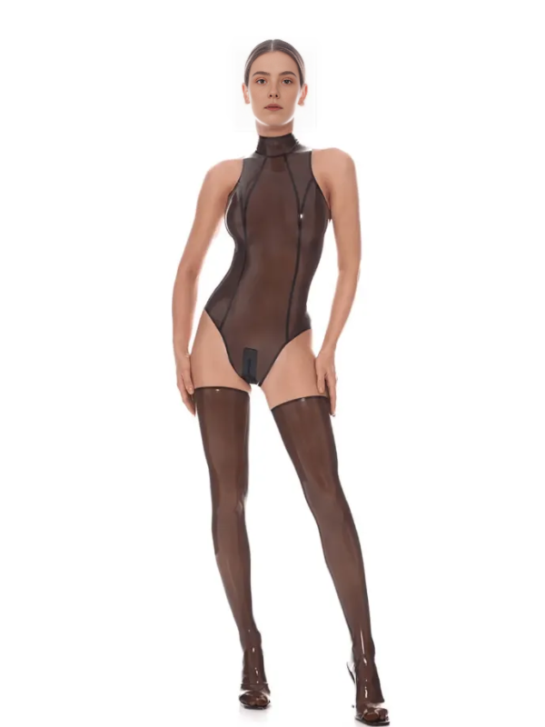 smoky-black-latex-bodysuit-set-stockings-fron Front view of smoky black latex bodysuit set with matching stockings
