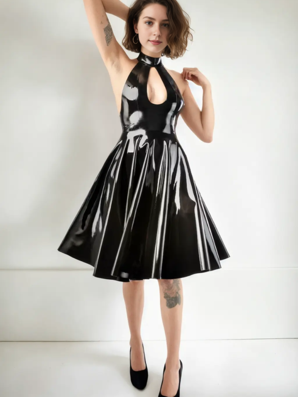 LLS-1_00370_ (1) Glossy Black Latex Halter Circle Dress with Keyhole front view