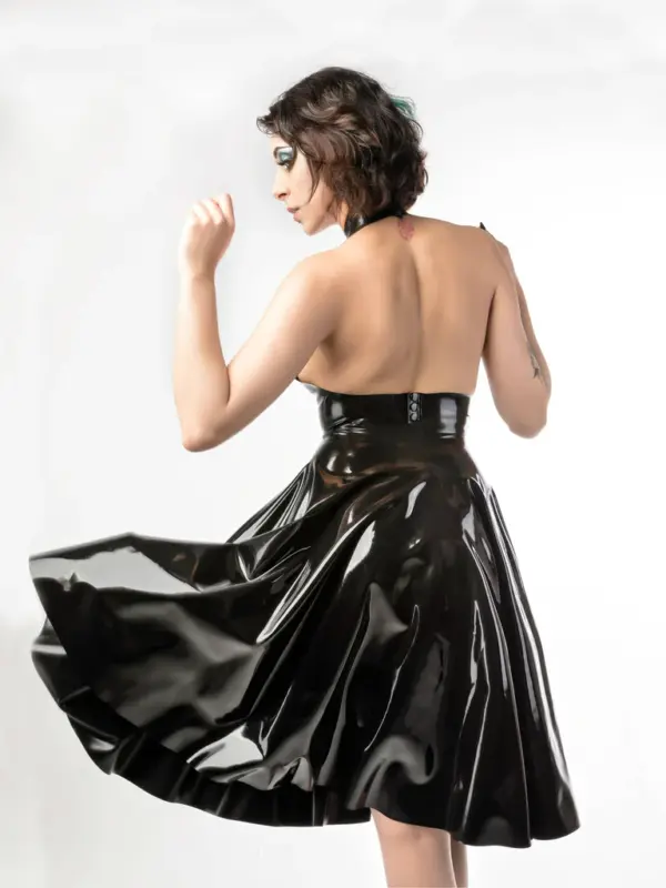Backless Latex Flare Dress rear view showing circle skirt