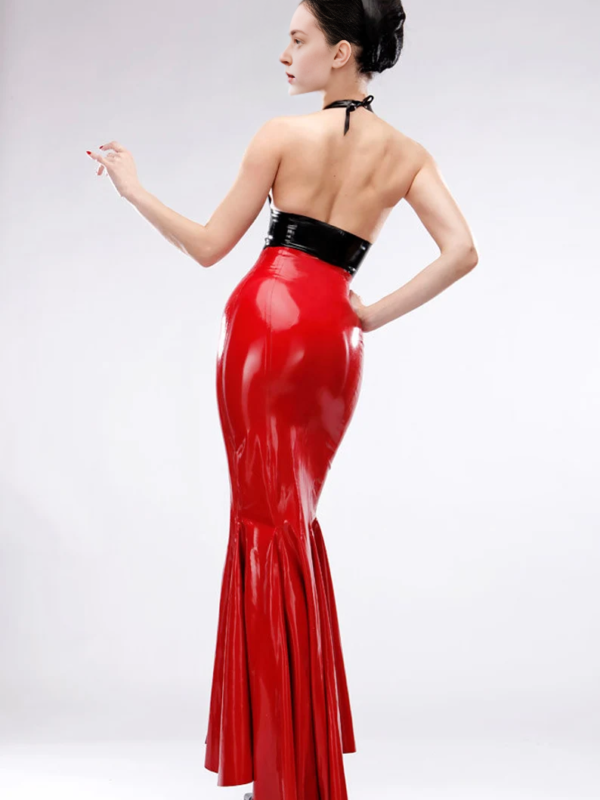 Red rubber maxi skirt floor length with zipperless design