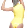 Sleeveless rubber bodysuit with teardrop cleavage cutout and high leg