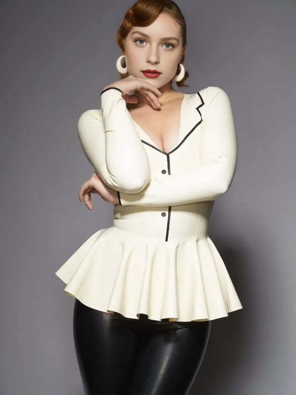 LLS-1_00584_ Latex Ruffle Blouse in cream with black trim and puff sleeves