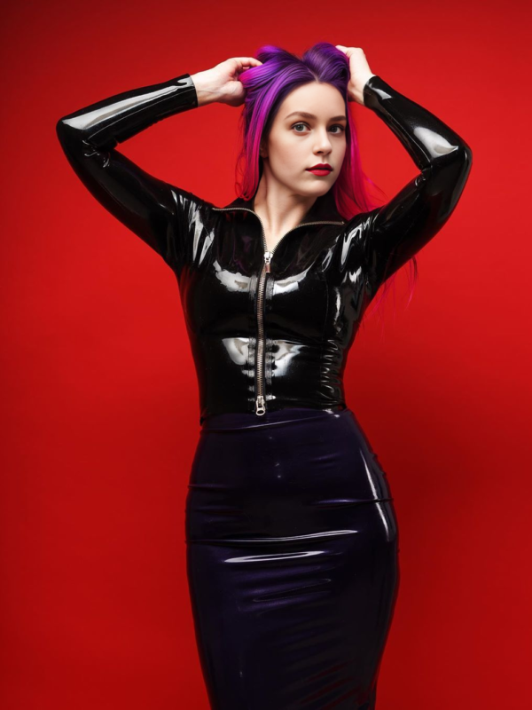 LLS-1_00618_ Long Sleeve Latex Top with front zipper in black rubber front view
