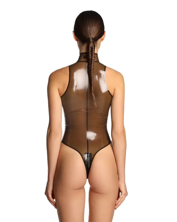 Back view of transparent latex bodysuit showing high-leg Brazilian cut