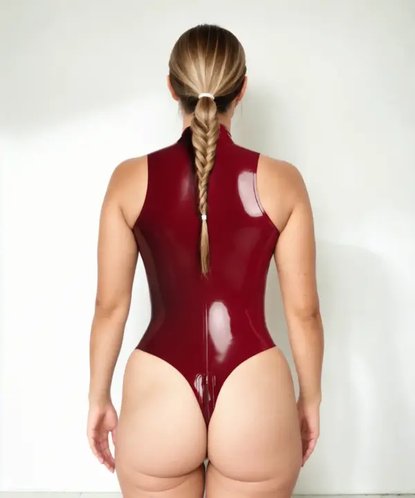 Full rear view of burgundy sleeveless High Cut Latex Bodysuit showing the flattering cheeky Brazilian back cut