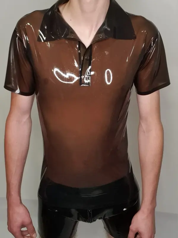 Men's Latex Polo Shirt in transparent smoke color with snap collar