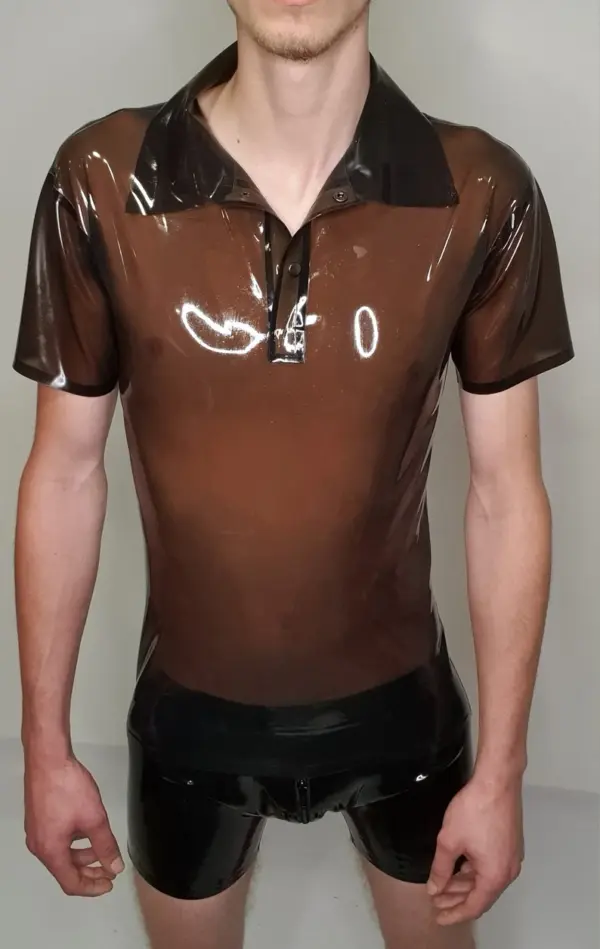 Men's Latex Polo Shirt in transparent smoke color with snap collar