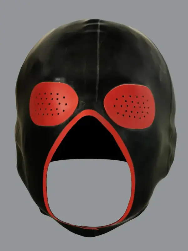 Latex Exterminator Hood with red pinhole eyes and open mouth front view