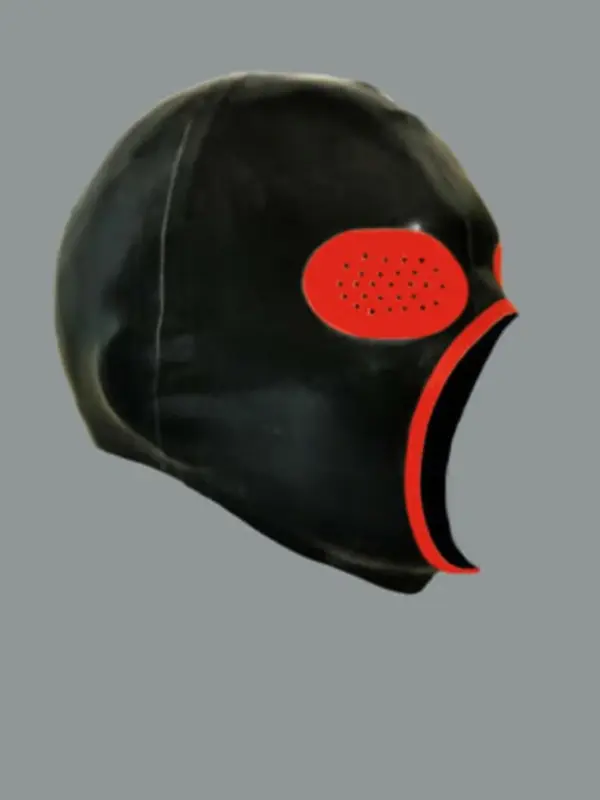 Side view of sensory deprivation rubber mask with perforated eyes