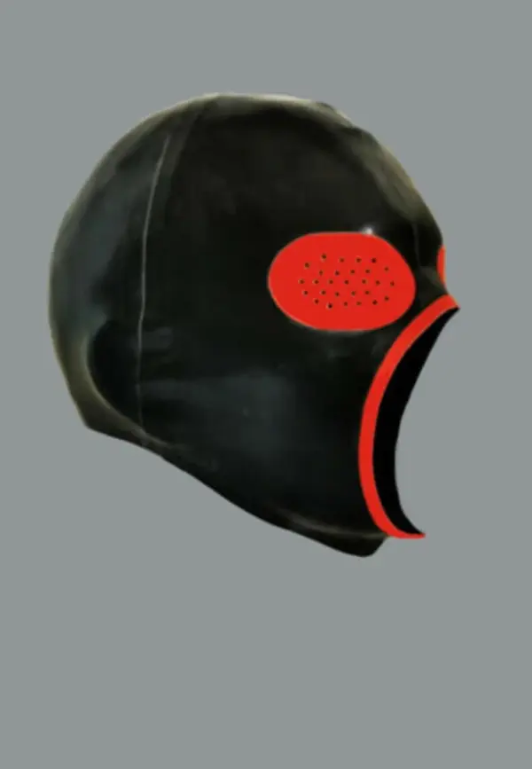 Side view of sensory deprivation rubber mask with perforated eyes