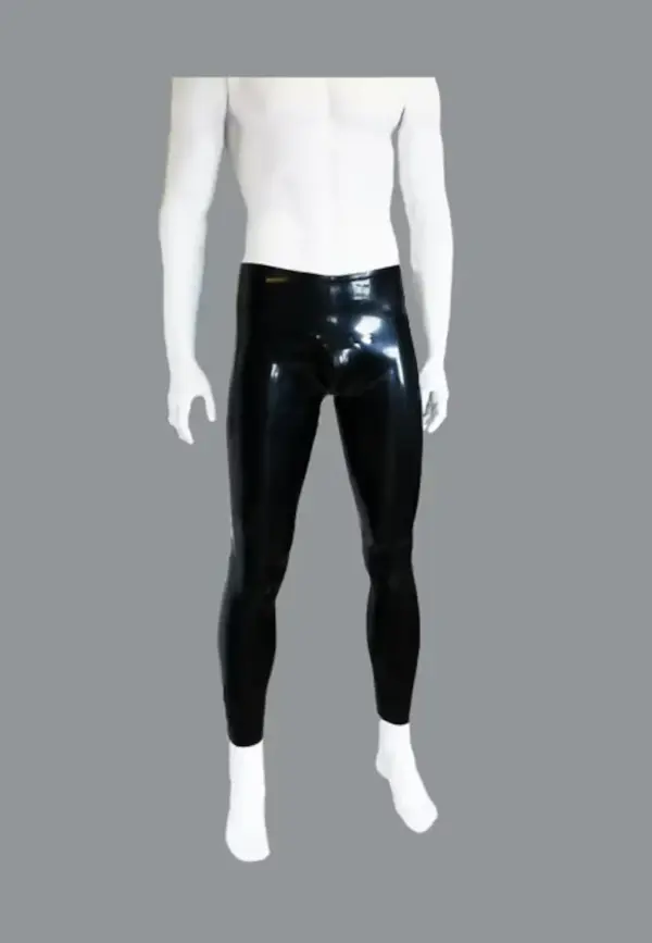Men's Latex Leggings with Pouch front view black rubber trousers