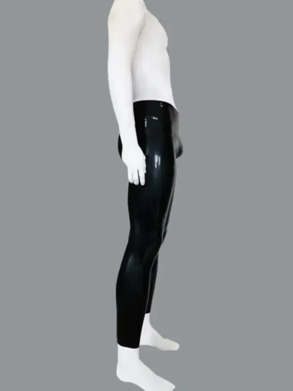 Side view of anatomical pouch on mens latex pants