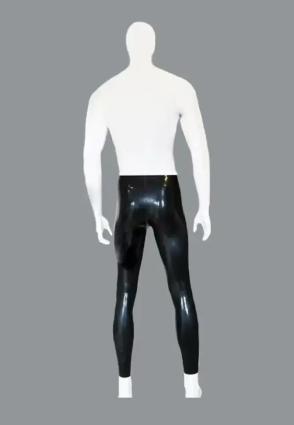 Rear view of full length latex leggings for men custom fit