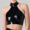 Sleek Latex Halter Crop Top with Choker Collar front view