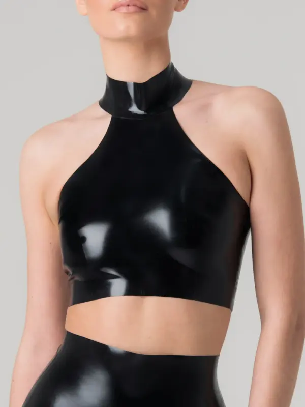 Sleek Latex Halter Crop Top with Choker Collar front view