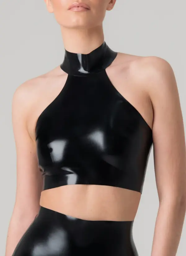 Sleek Latex Halter Crop Top with Choker Collar front view