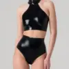 Sleek Latex Halter Crop Top - Integrated Choker