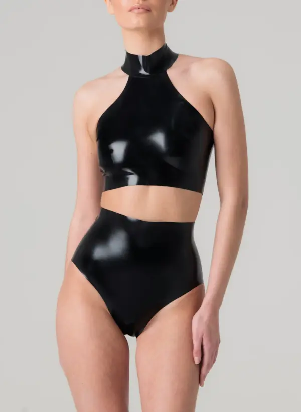 Sleek Latex Halter Crop Top - Integrated Choker