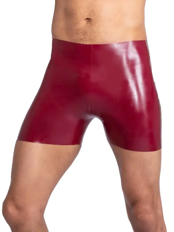 Men's Plum Latex Cycling Shorts with gold side stripes front view