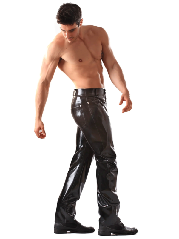 Side view of rubber trousers with functional pockets and fly zip