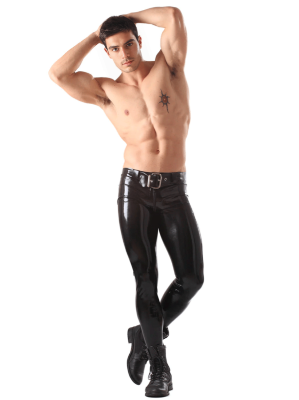 Men's Skinny Latex Jeans with detachable braces and two-way zipper front view