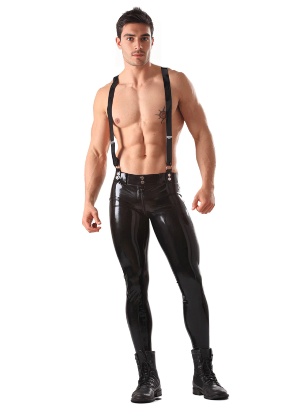 Men's Skinny Latex Jeans - Detachable Braces & Two-Way Zip