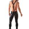 Rear view of black rubber jeans with suspenders and tight fit