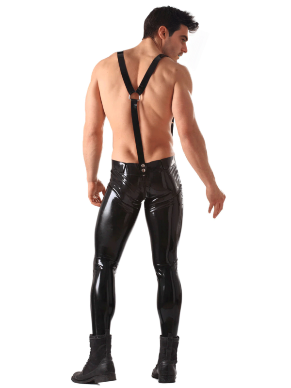 Rear view of black rubber jeans with suspenders and tight fit